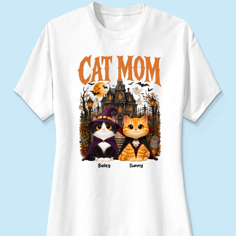 Retro Vintage Halloween Haunted House Cat Mom - Personalized Shirt - Halloween Gift For Cat Lovers