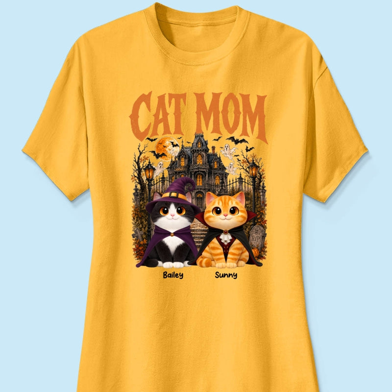 Retro Vintage Halloween Haunted House Cat Mom - Personalized Shirt - Halloween Gift For Cat Lovers