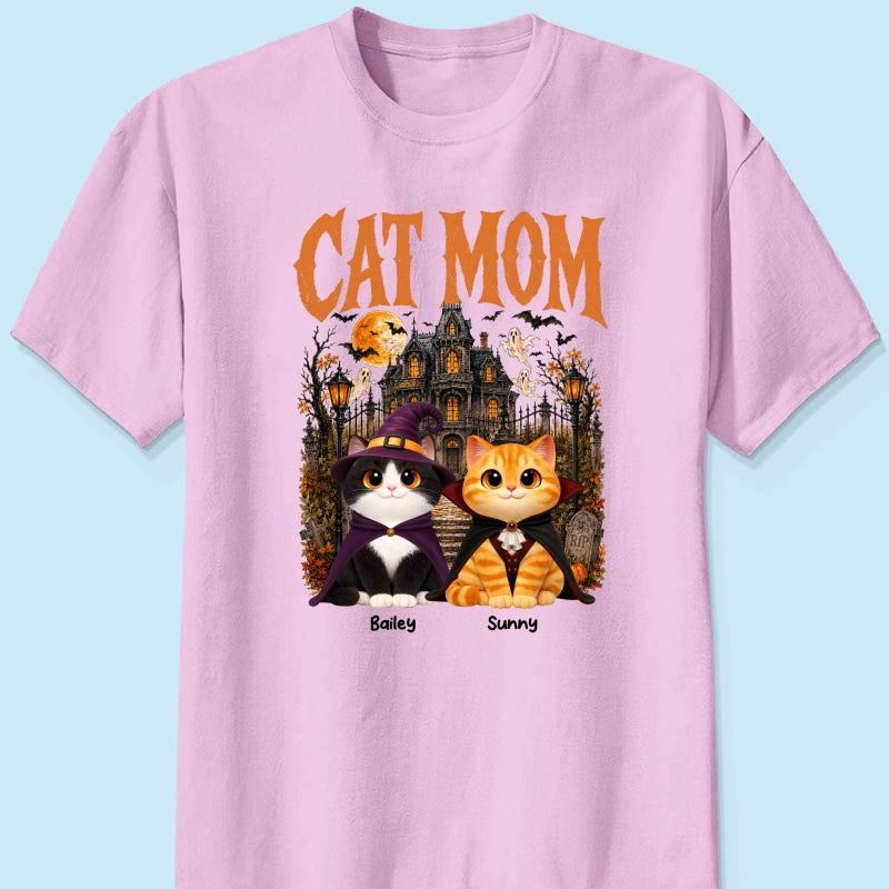 Retro Vintage Halloween Haunted House Cat Mom - Personalized Shirt - Halloween Gift For Cat Lovers