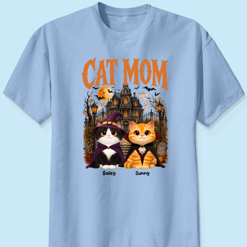 Retro Vintage Halloween Haunted House Cat Mom - Personalized Shirt - Halloween Gift For Cat Lovers
