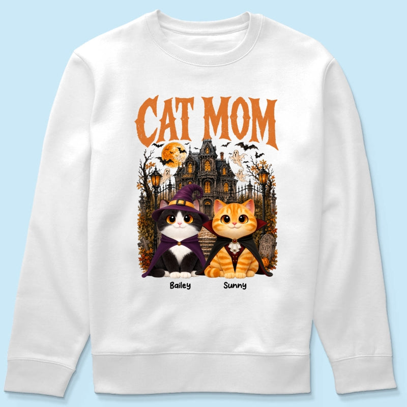 Retro Vintage Halloween Haunted House Cat Mom - Personalized Shirt - Halloween Gift For Cat Lovers