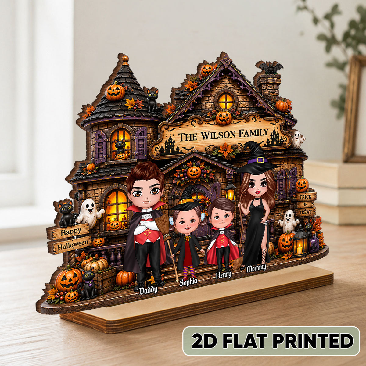 Family Haunted House Trick or Treat - Personalized 2-Layered Wooden Plaque - Halloween Gothic Home Sign