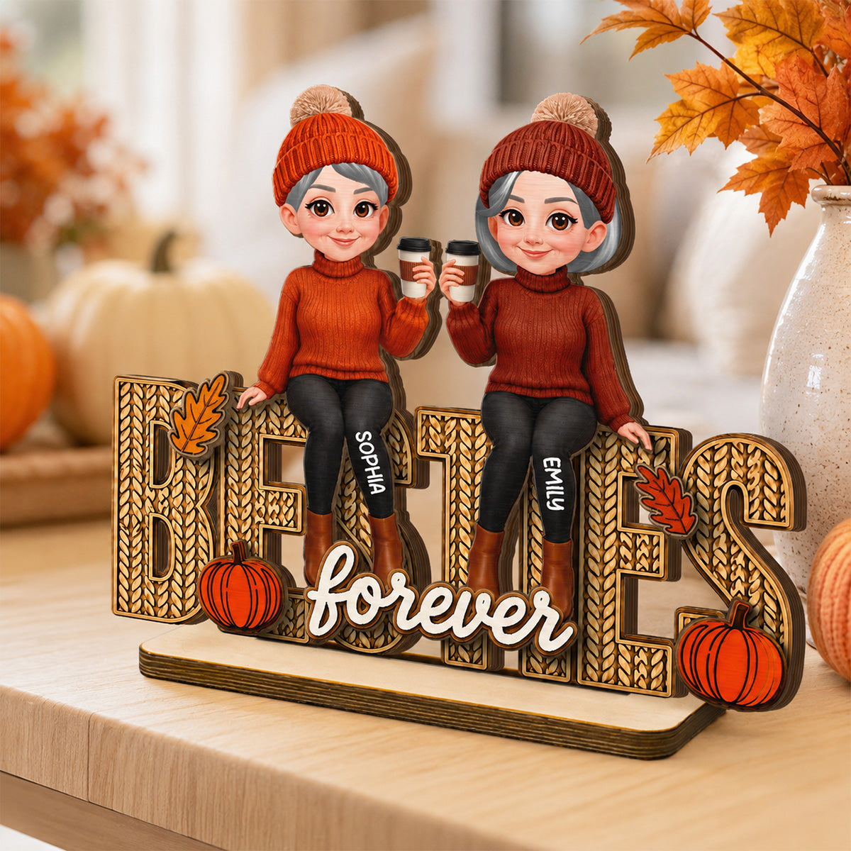 Besties Sisters Fall Season Knit Pattern - Personalized Wooden Plaque