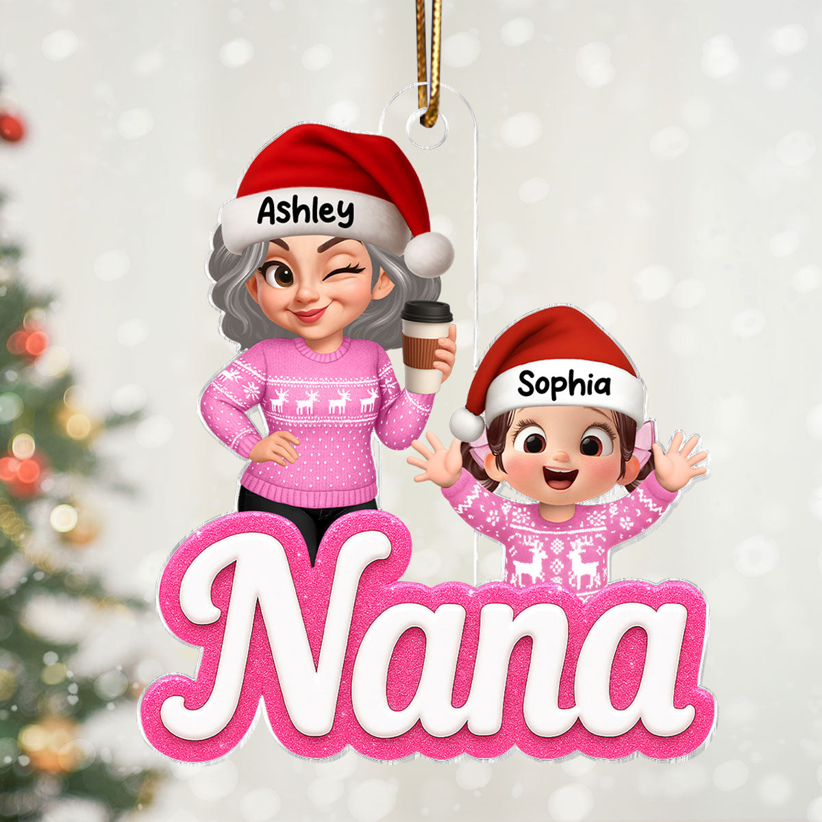 Grandma Grandkids 3D Effect Pink Color - Personalized Acrylic Ornament - Christmas Gift for Grandma