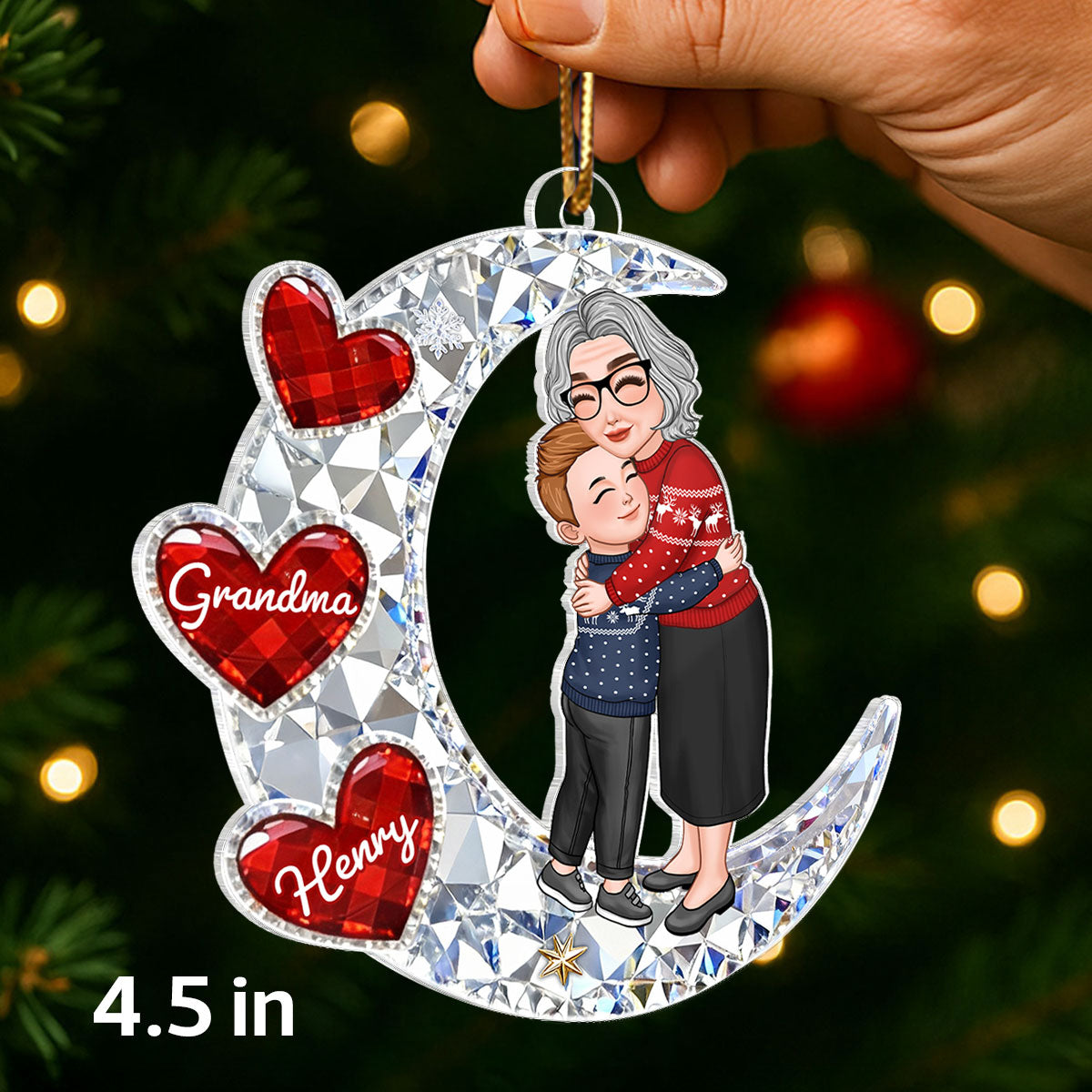 3D Crystal Effect Grandma Grandkid Hugging on Moon - Personalized Acrylic Ornament - Christmas Gift for Grandma, Grandkids