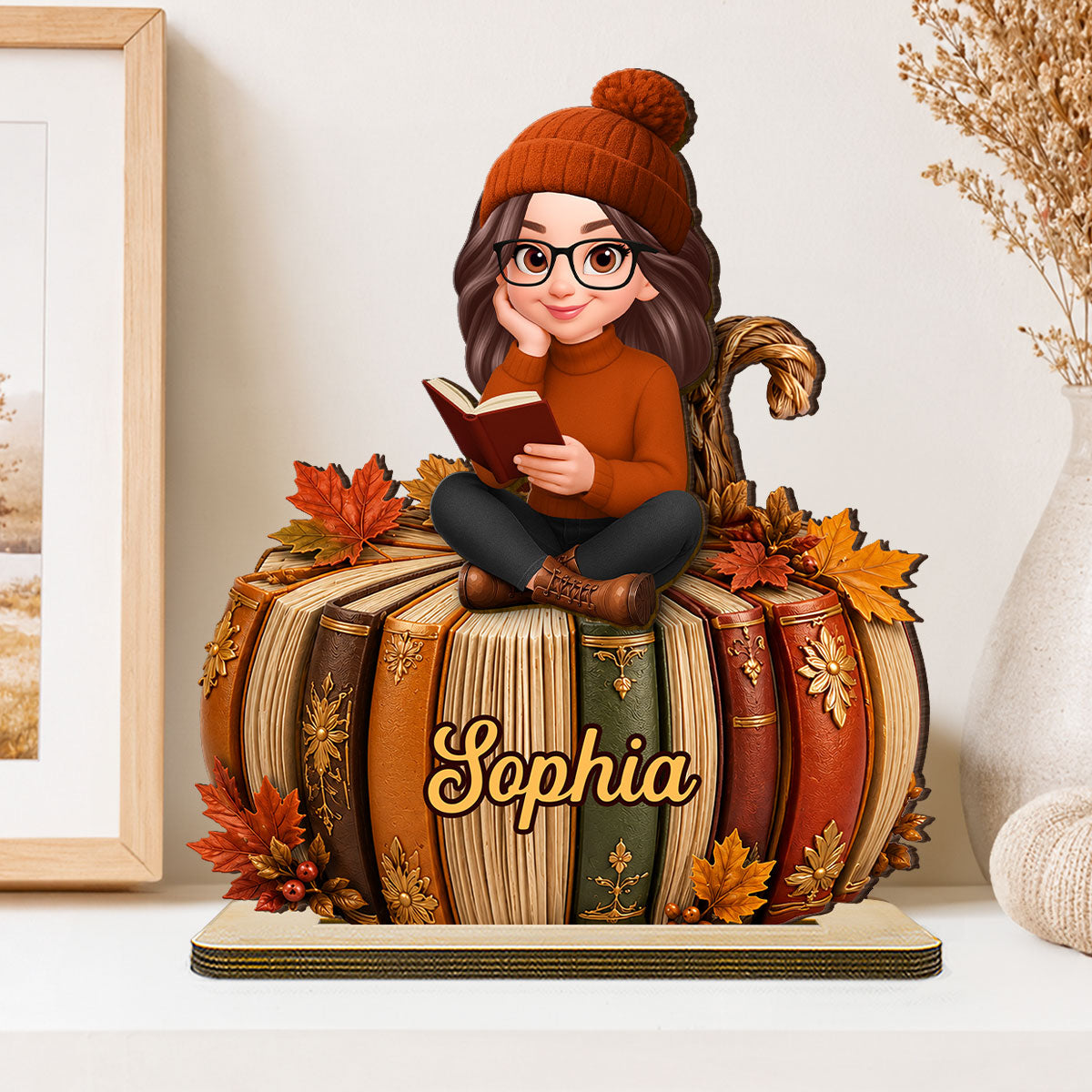 Fall Season Pumpkin Books - Personalized 2-Layered Wooden Plaque - Fall Gift For Book Lovers, Girl, Daughters