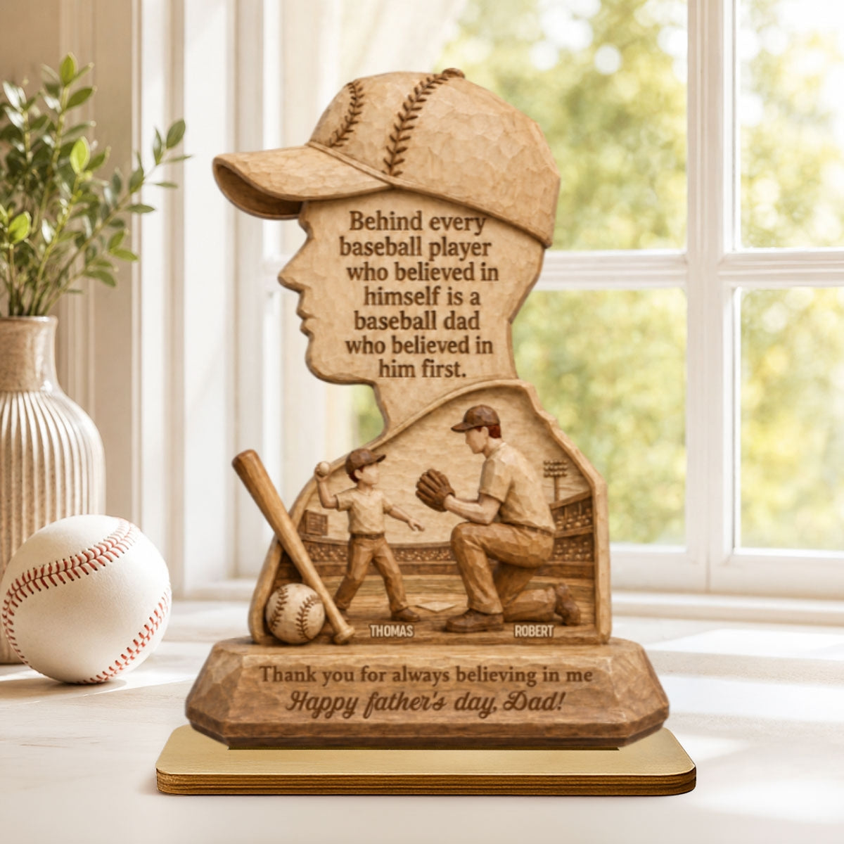 Behind Every Baseball Player is a Baseball Dad - Personalized 2-Layered Wooden Plaque -  Gift for Dad, Husband