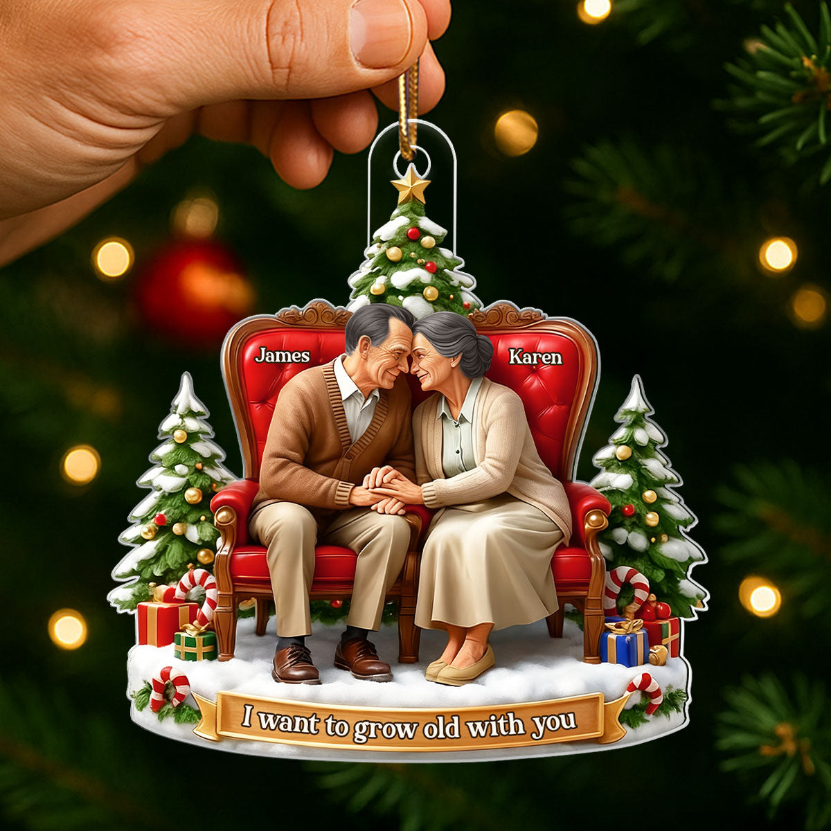 Old Couple Sitting Growing Old Together - Personalized Acrylic Ornament - Christmas Gift for him, Gift for her