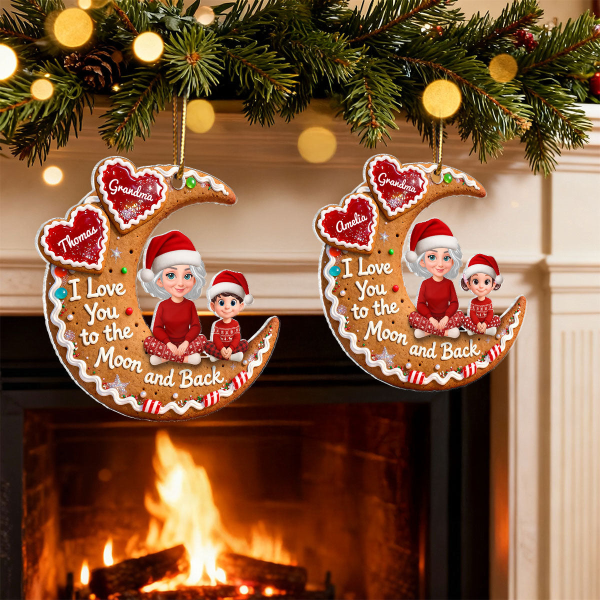3D Effect Gingerbread Moon Grandma Grandkid Love You To The Moon And Back - Personalized Acrylic Ornament - Christmas Gift For All Grandkids