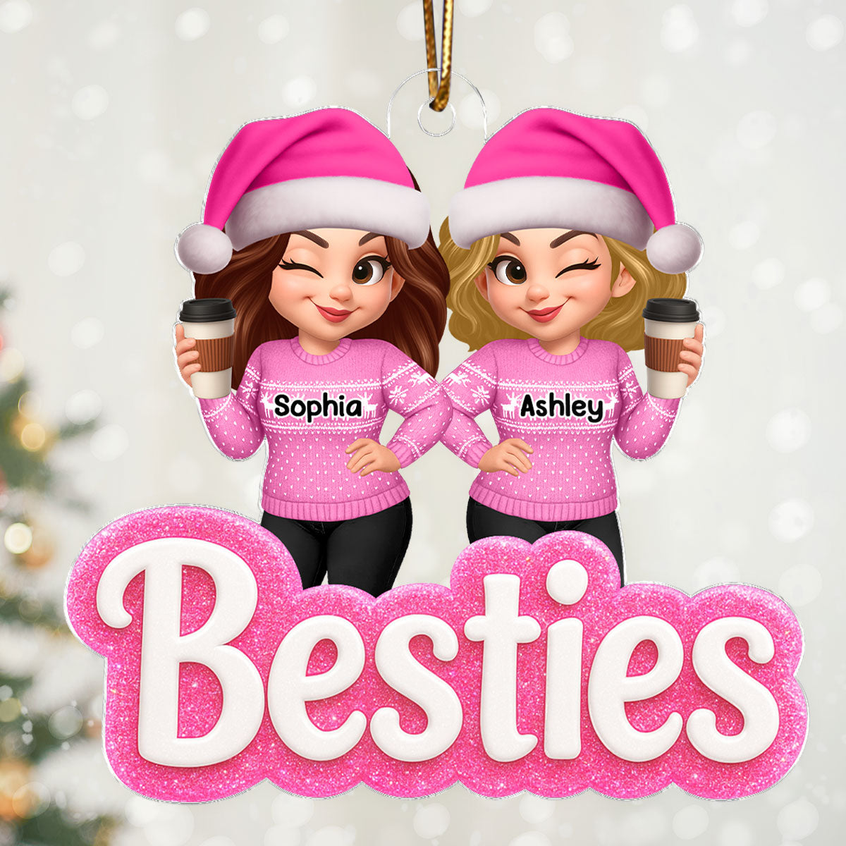 Pink Besties Sisters 3D Glitter Effect - Personalized Acrylic Ornament - Christmas Gift for Best Friends, for Sisters