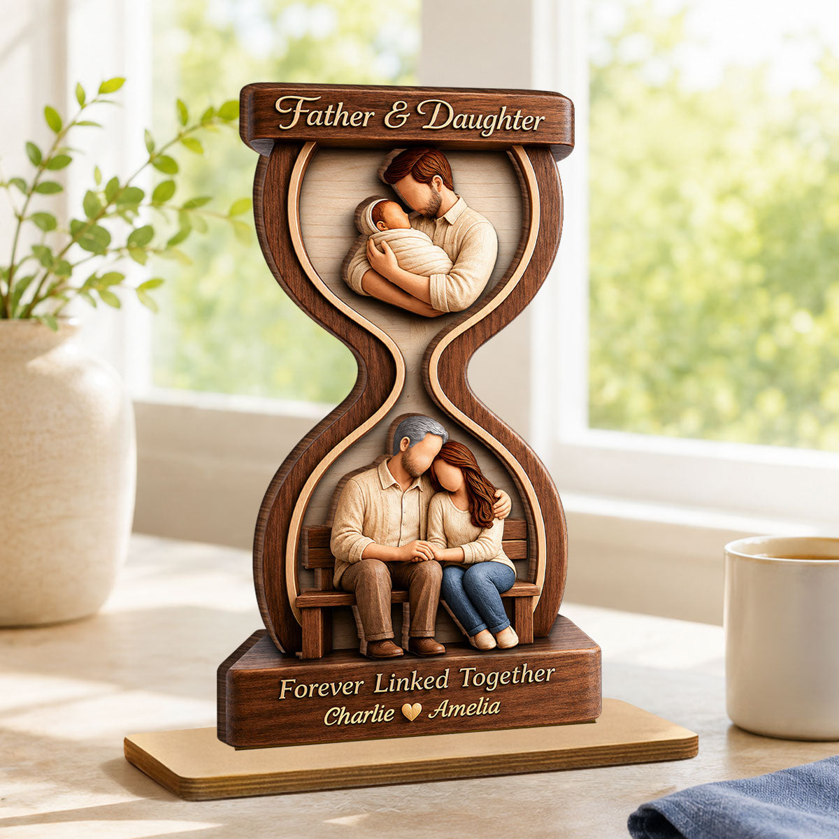 Father & Daughter Forever Linked Together - Personalized 2-Layered Wooden Plaque - Heartfelt Gift For Dad, Husband