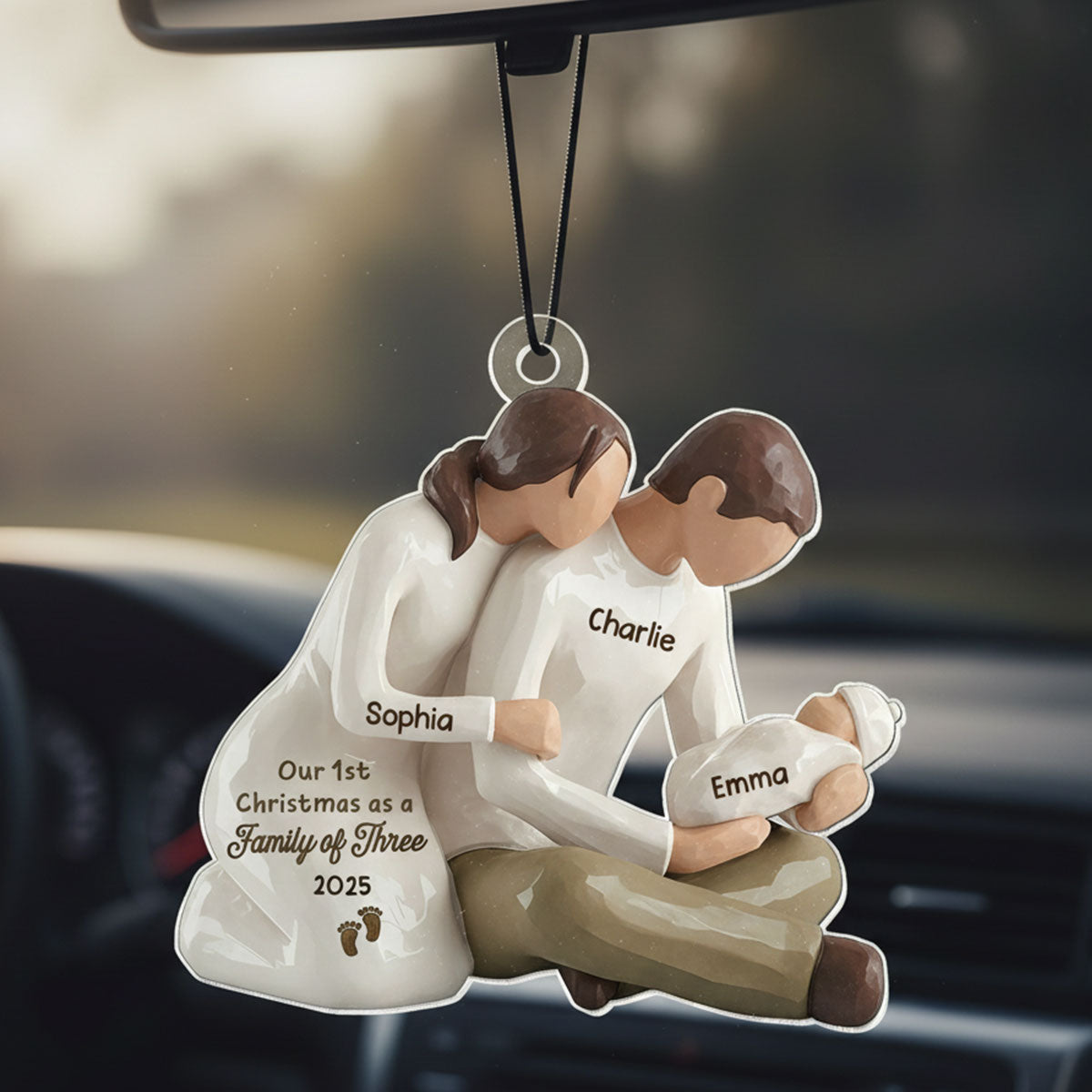 3D Effect First Christmas As Family Of Three Mom Dad Holding Baby - Personalized Acrylic Car Hanger