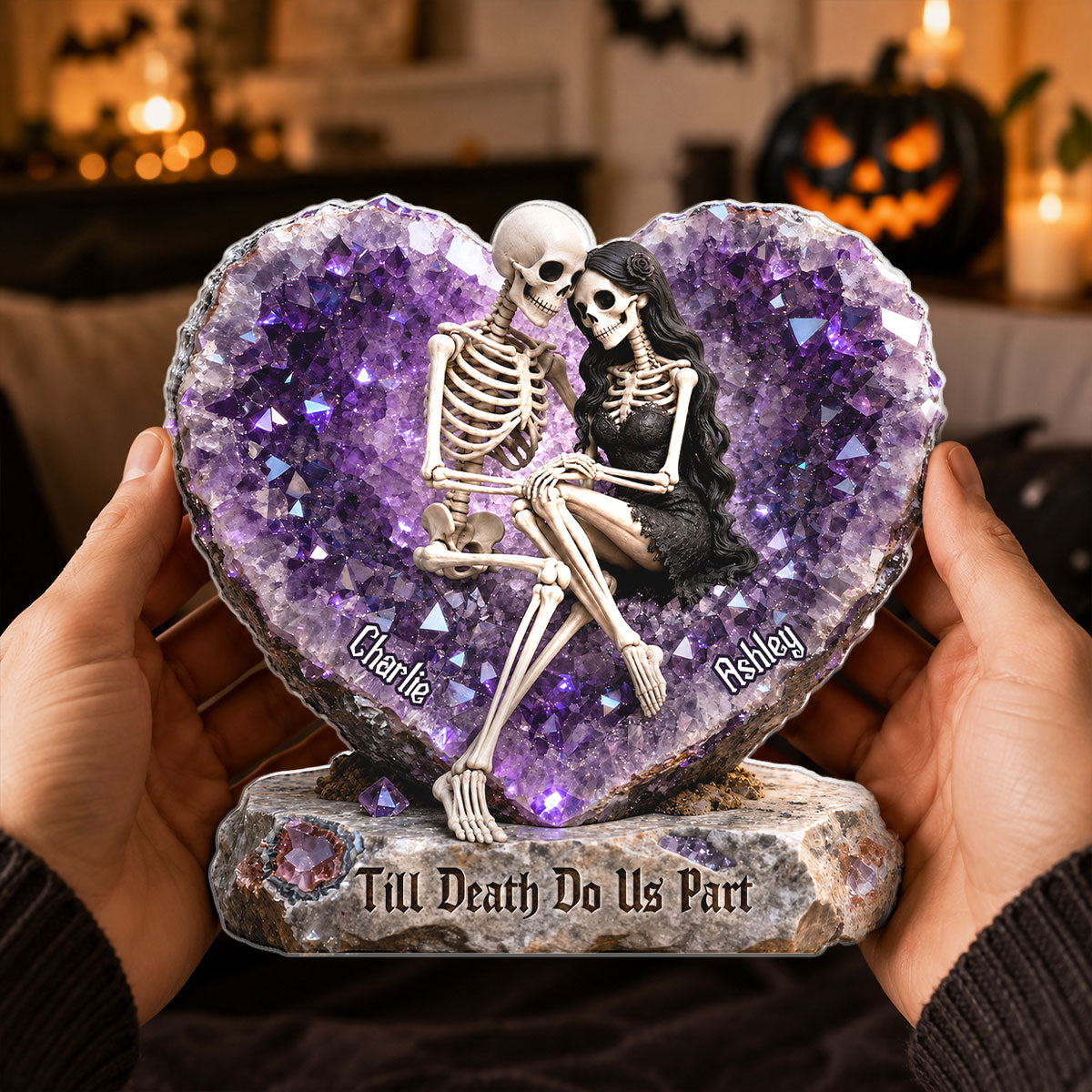 Till Death Do Us Part Skeleton Couple Quartz Heart - Personalized Acrylic Block Plaque - Halloween Decor Gift, Gift For Couple