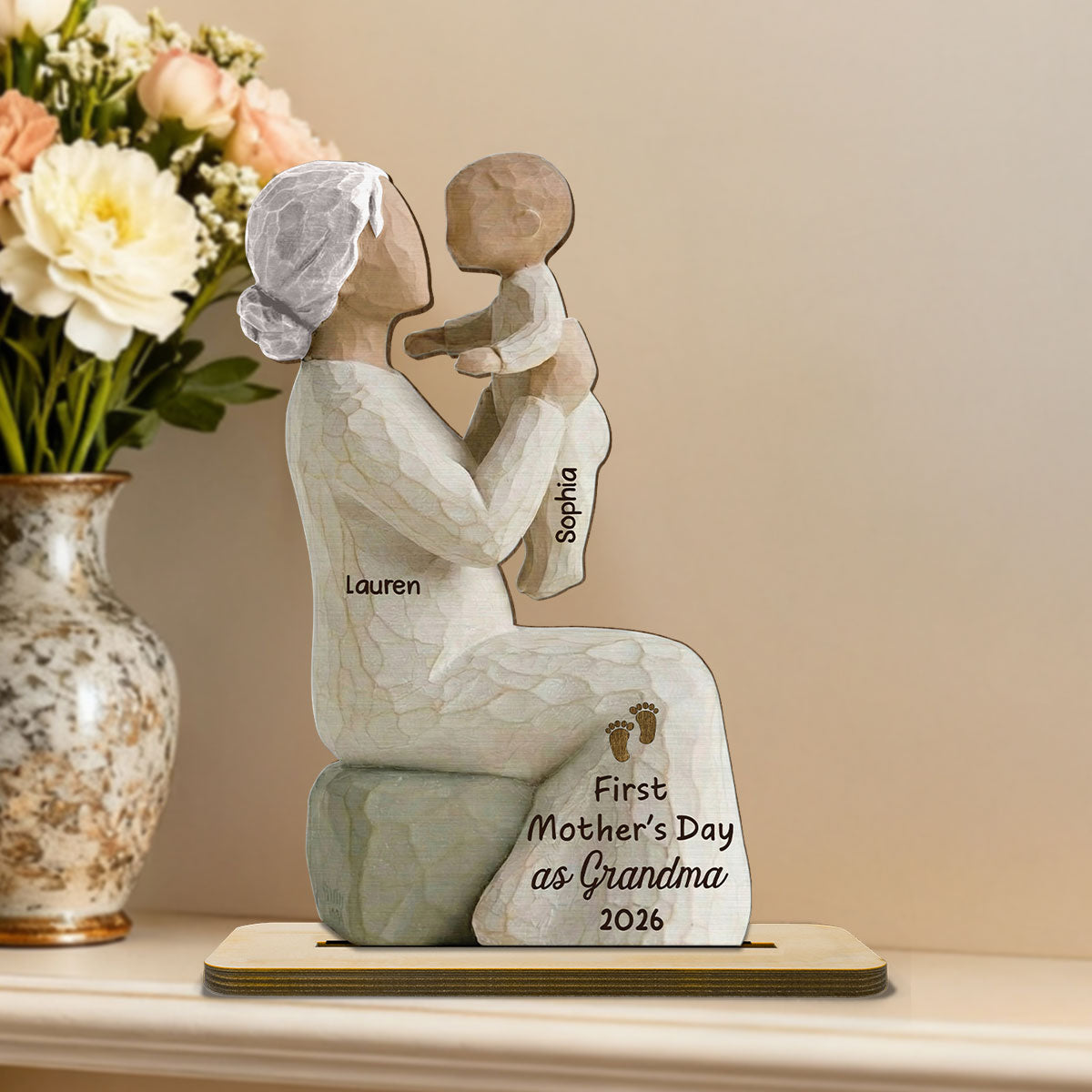 First Mother's Day As Grandma 2D Flat - Personalized 2-Layered Wooden Plaque - Mother's Day Gift for Grandma