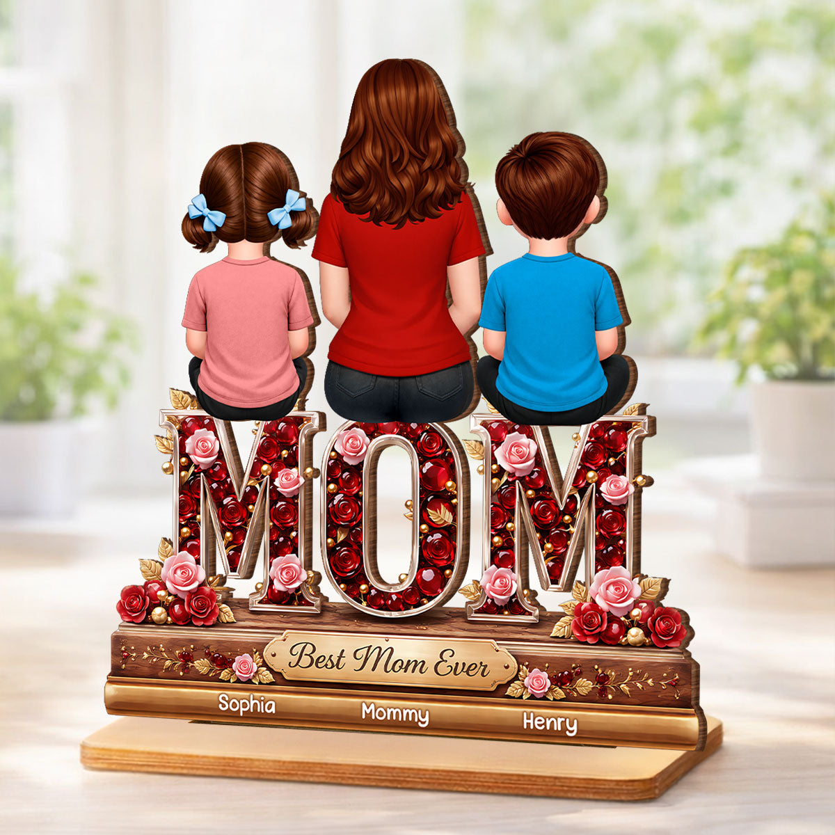 Best Mom Ever Mom Daughters Sons Back View - Personalized 2-Layered Wooden Plaque - Heartfelt Gift For Mom, Grandma