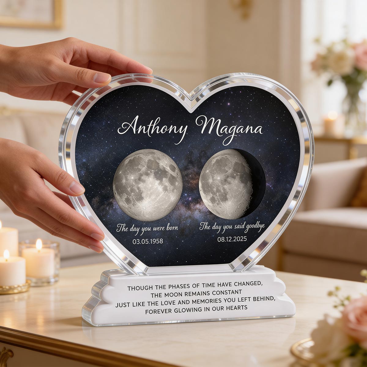 Lost Loved One Moon Phase Art 2D Flat - Personalized Acrylic Block Plaque - Memorial Keepsake Sympathy Gift