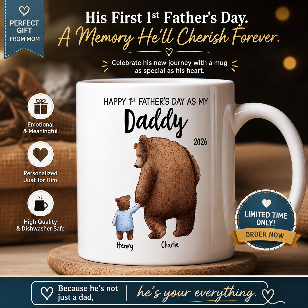 Happy 1st Father's Day Daddy Bear & Cub - Personalized Mug - Father's Day Gift For New Dad