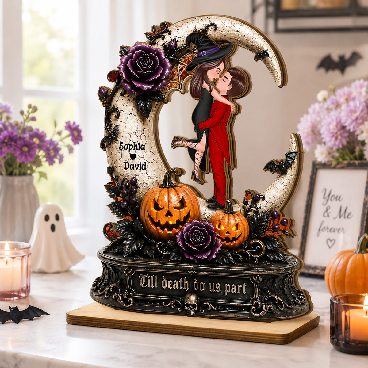 Spooky Couple Moon Halloween - Personalized 2-Layered Wooden Plaque - Halloween Decor Gift, Gift For Couple