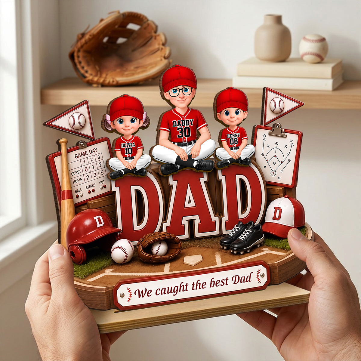 Baseball Dad Kids We Caught The Best Dad - Personalized 2-Layered Wooden Plaque -  Gift For Dad, Husband