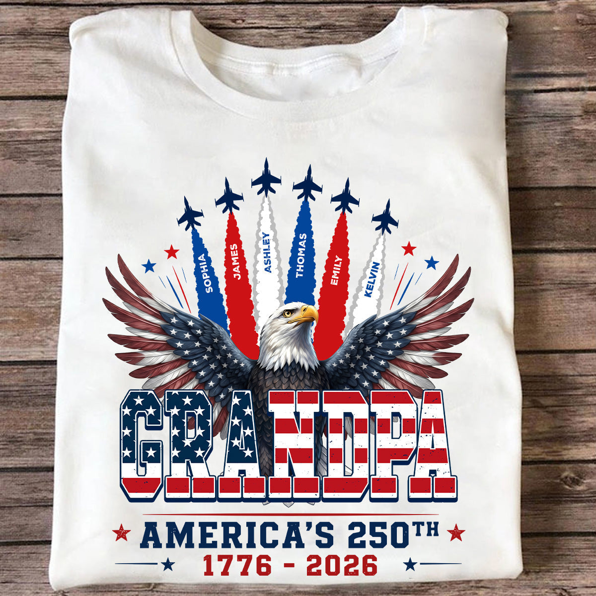 Proud Grandpa Dad Bald Eagle Jets Smoke Custom Kid Name - Personalized Shirt - American 250th Anniversary Keepsake For Husband, Dad, Grandpa