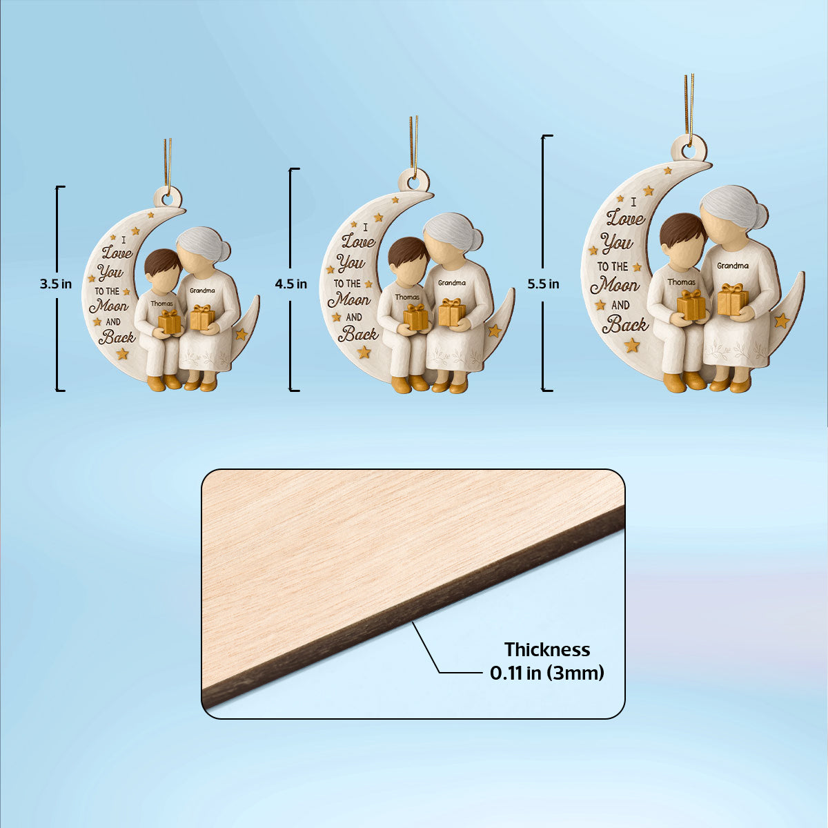 3D Effect Golden Star Grandma Grandkid On Moon - Personalized Wooden Ornament - Gift For Granddaughter, Grandson