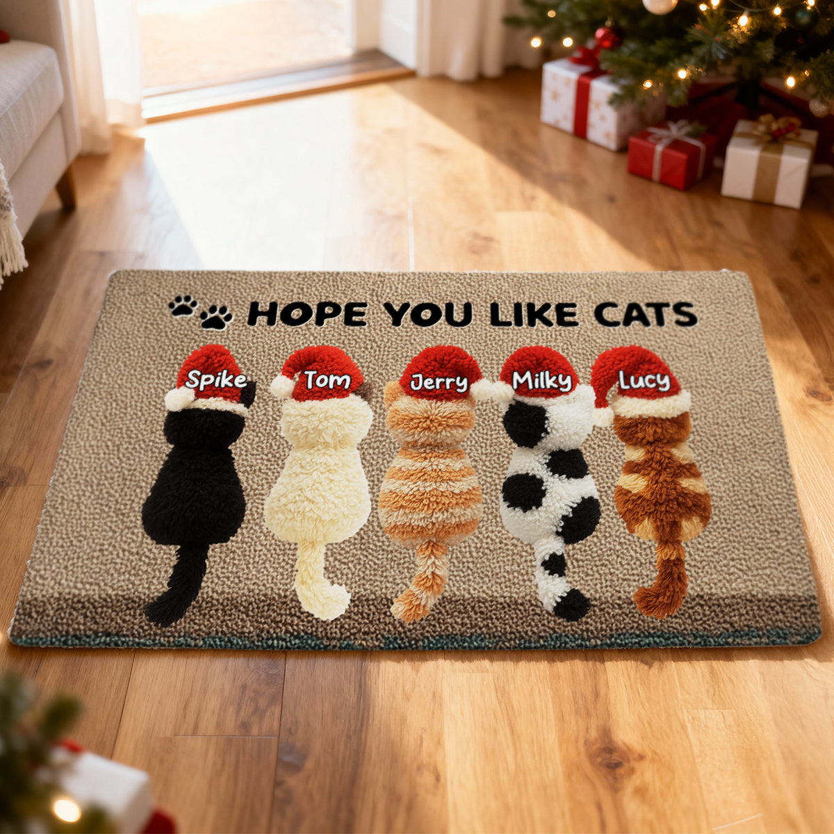 Meowy Fluffymas Funny Cats Latch Hook Yarn Faux - Personalized Doormat - Christmas Decor for Pet Lovers