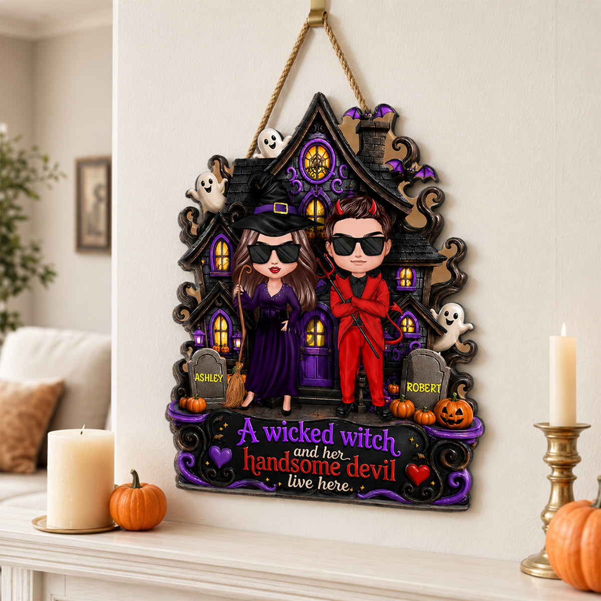 Halloween A Wicked Witch and Her Handsome Devil Live Here - Personalized Door Sign - Summerween Decor for Couples