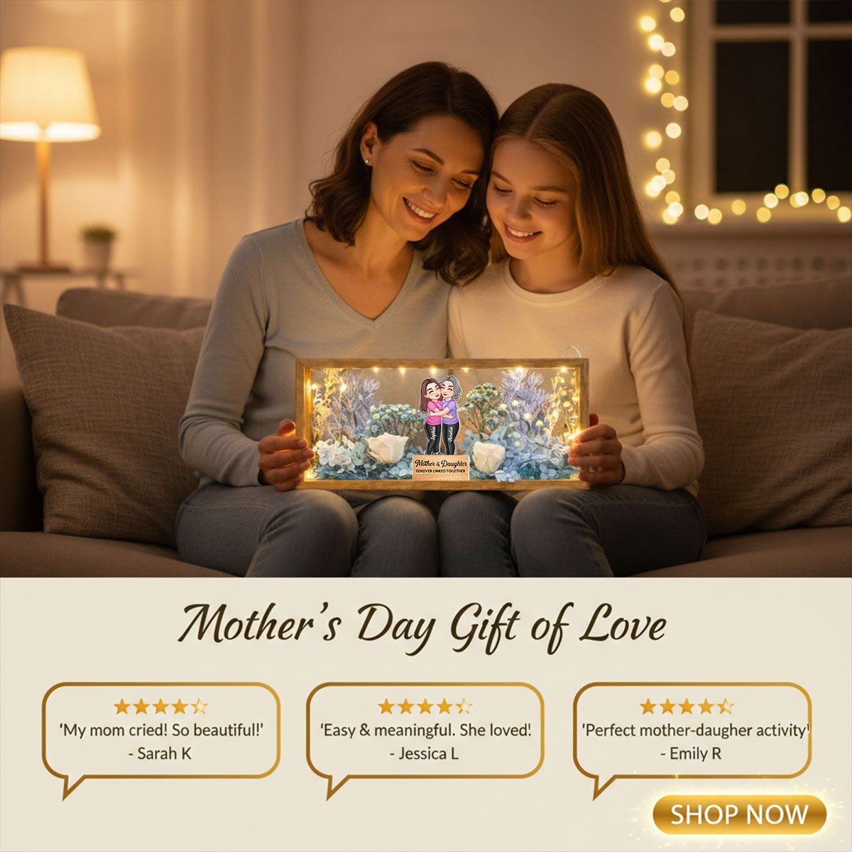 Mom & Daughter Forever Linked Together - Personalized DIY Flower Shadow Box LED Night Light - Gift For Mom, Daughter