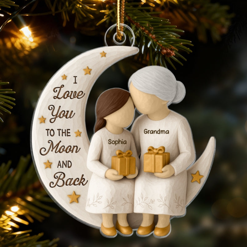 3D Effect Golden Star Grandma Grandkid On Moon - Personalized Acrylic Ornament - Gift For Granddaughter, Grandson