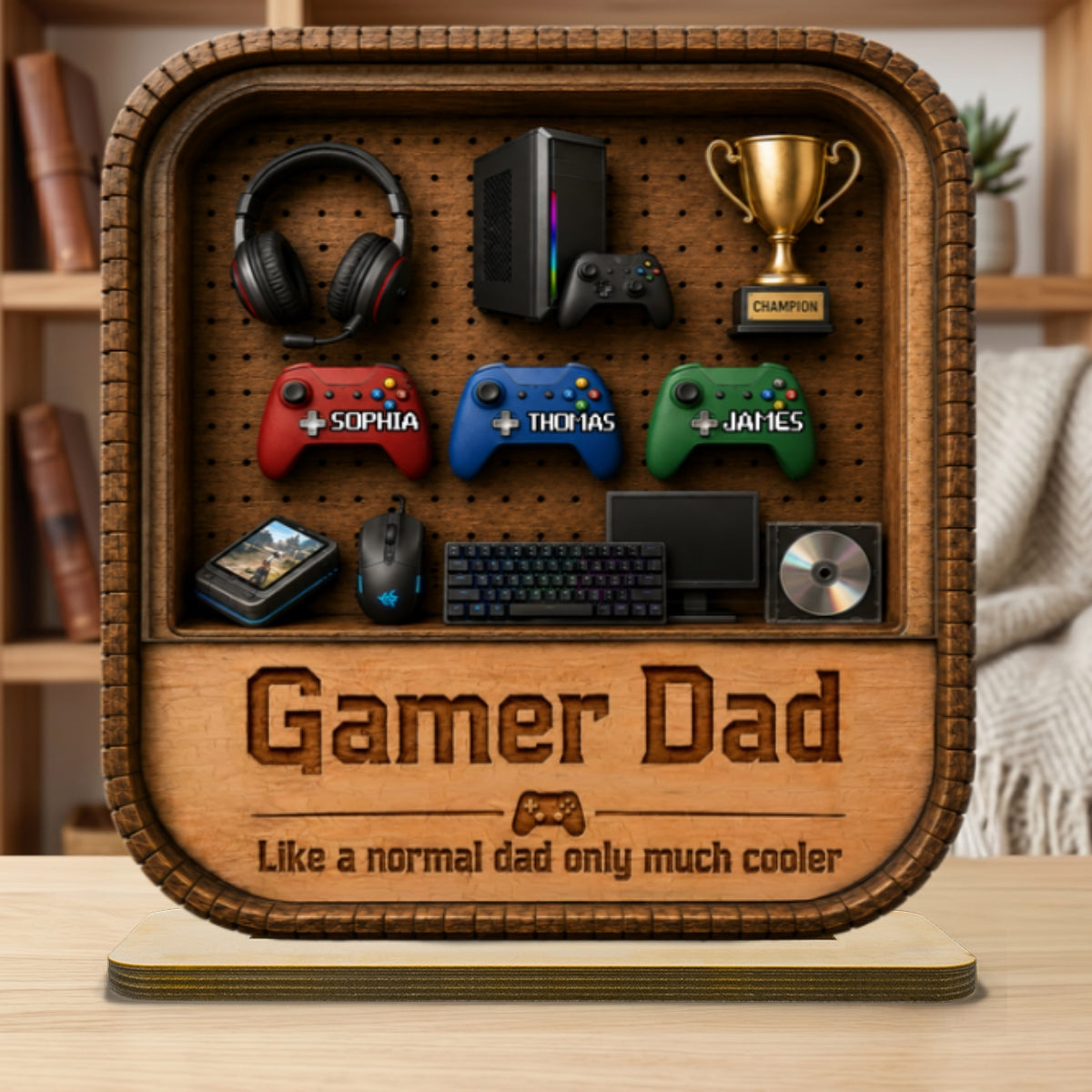 Gamer Dad Gaming Shelf Display With Kids Name 2D Flat - Personalized Wooden Plaque