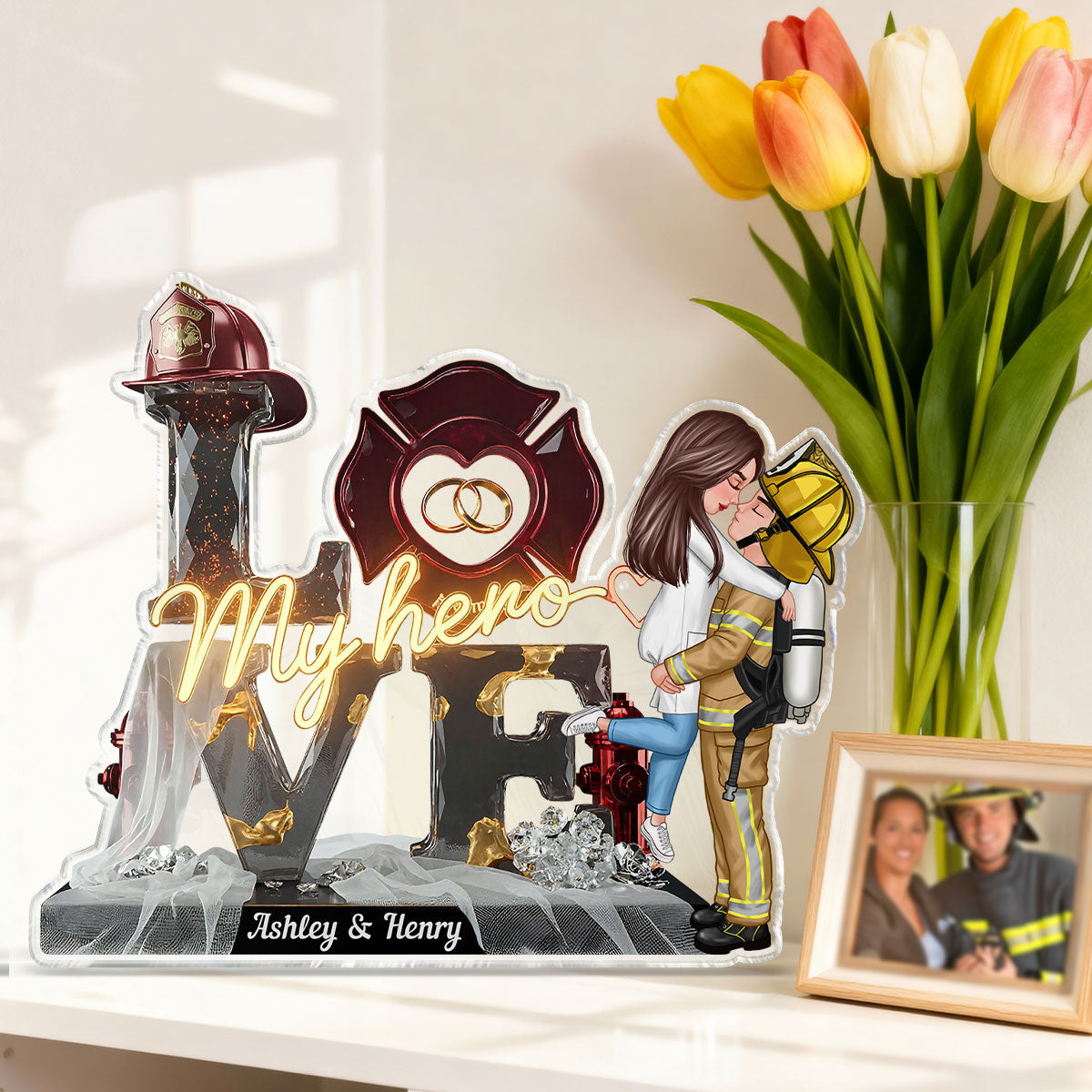 My Hero Firefighter Couple - Personalized Acrylic Block Plaque - Valentine's Day For Him, For Her
