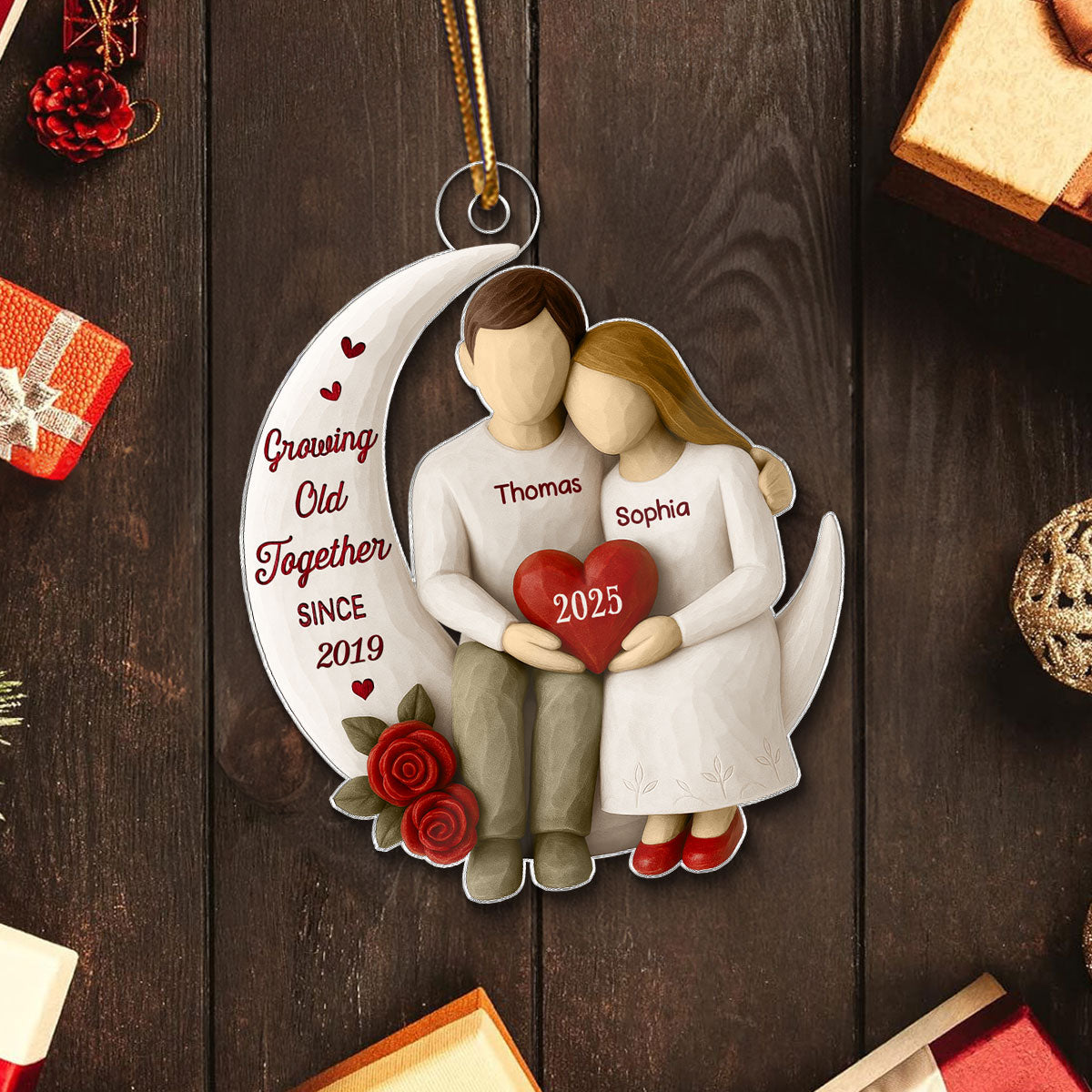 3D Effect Roses Wooden Texture Couple On Moon - Personalized Acrylic Ornament - Christmas Gift For Couple