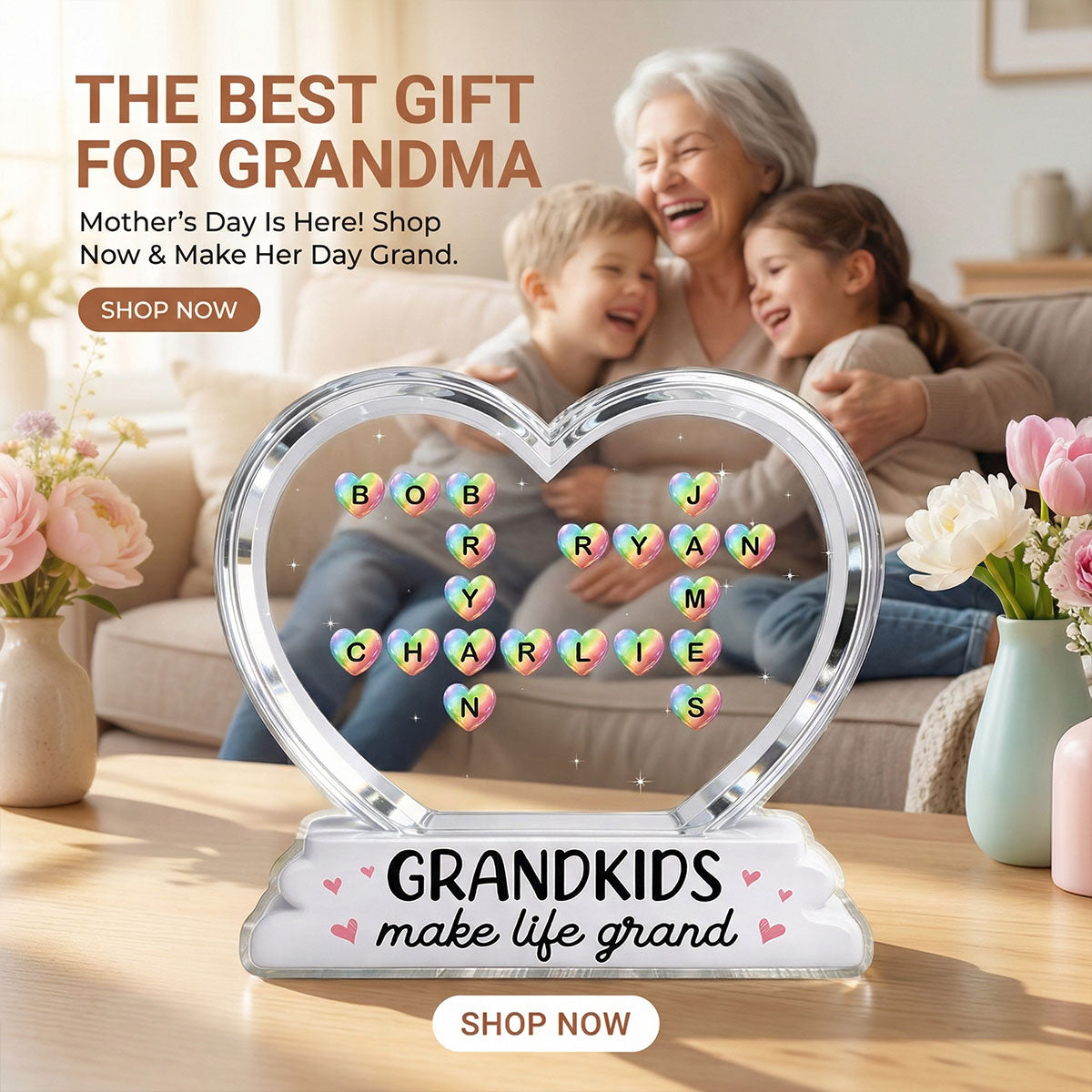 Grandkids Make Life Grand Crossword Puzzle Art Colorful Hearts 2D Flat - Personalized Acrylic Block Plaque - Gift For Grandma