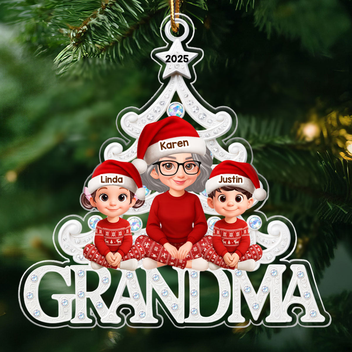 Grandma Grandkids Sitting Metallic Crystal Effect - Personalized Acrylic Ornament - Christmas Gift for Grandma