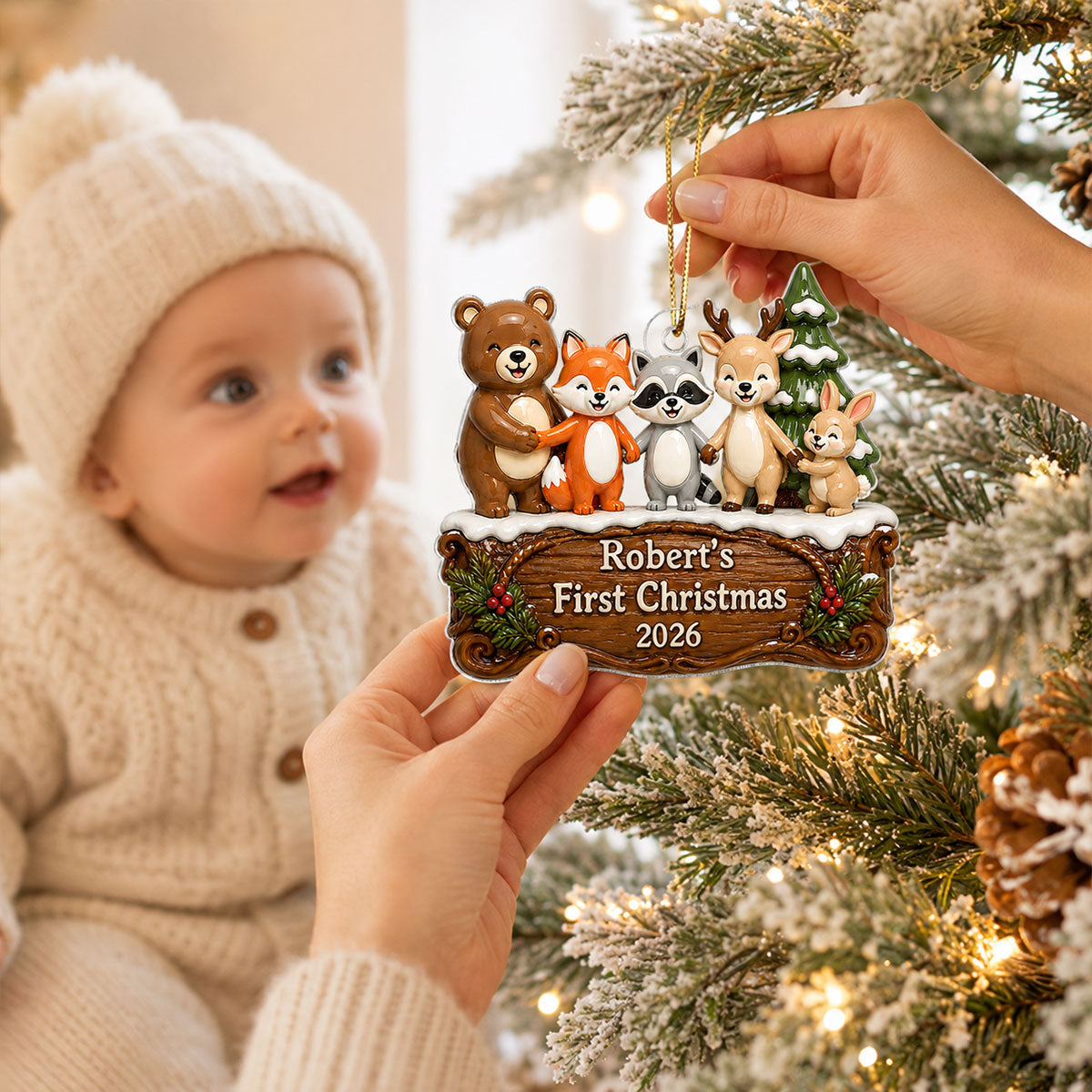 Happy Forever Woodland Animal Baby First Christmas - Personalized Acrylic Ornament - Gift for Newborn, New Parents Keepsake