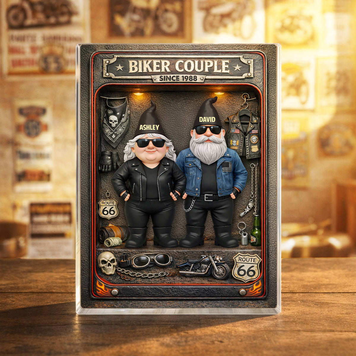 Biker Couple Custom Action Figure - Personalized Acrylic Block Plaque - Anniversary, Valentine's Day Gift, Gift For Him, Gift For Her