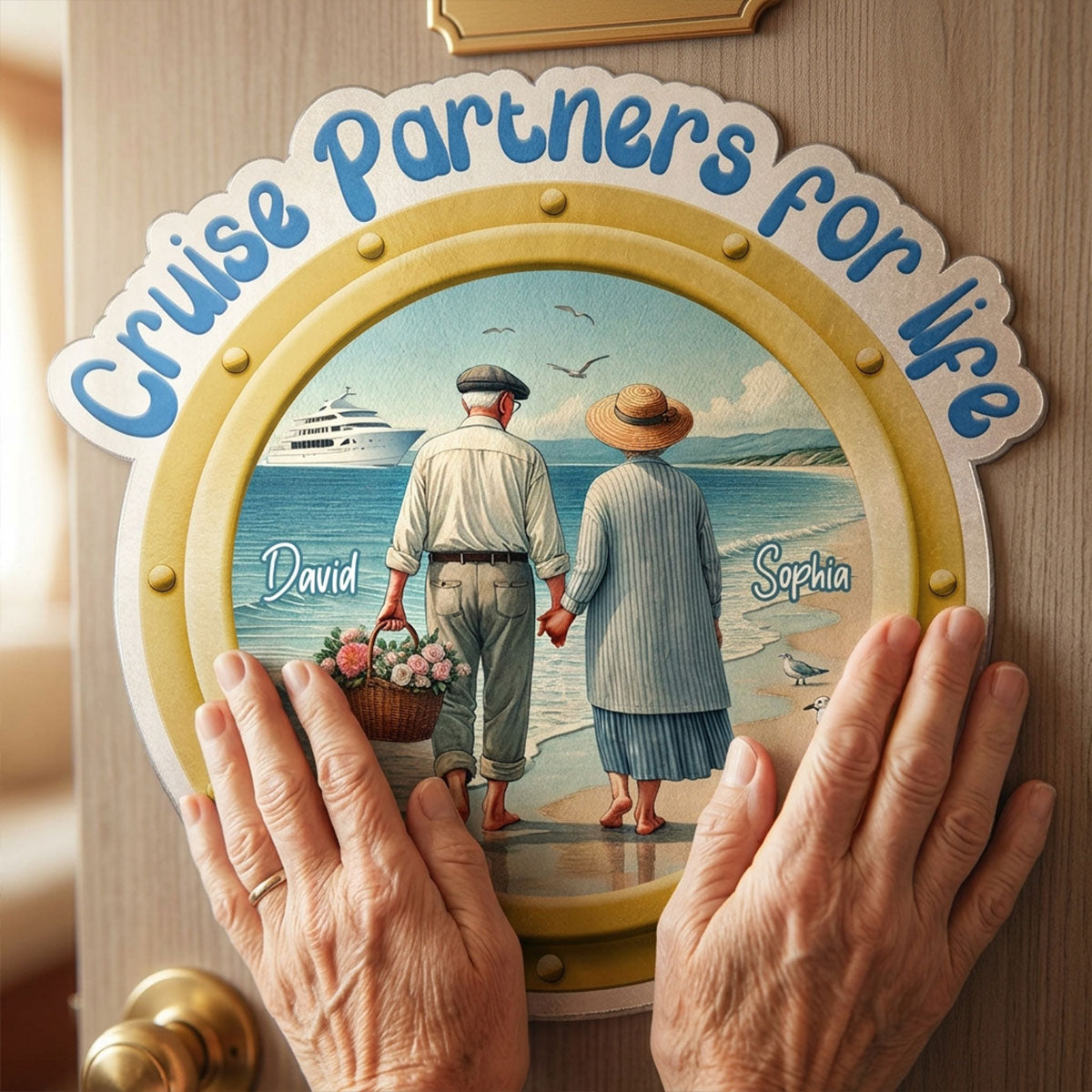 Cruise Partners For Life Porthole Old Couple Walking On The Beach - Personalized Cruise Ship Door Magnet - Cruise Trip Keepsake