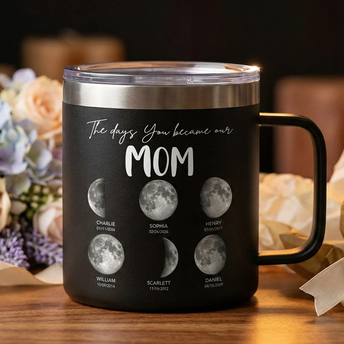 The Days You Became Our Mom Grandma Custom Birth Moon Phase - Personalized Tumbler With Handle - Mother's Day Gift For Mom, Grandma