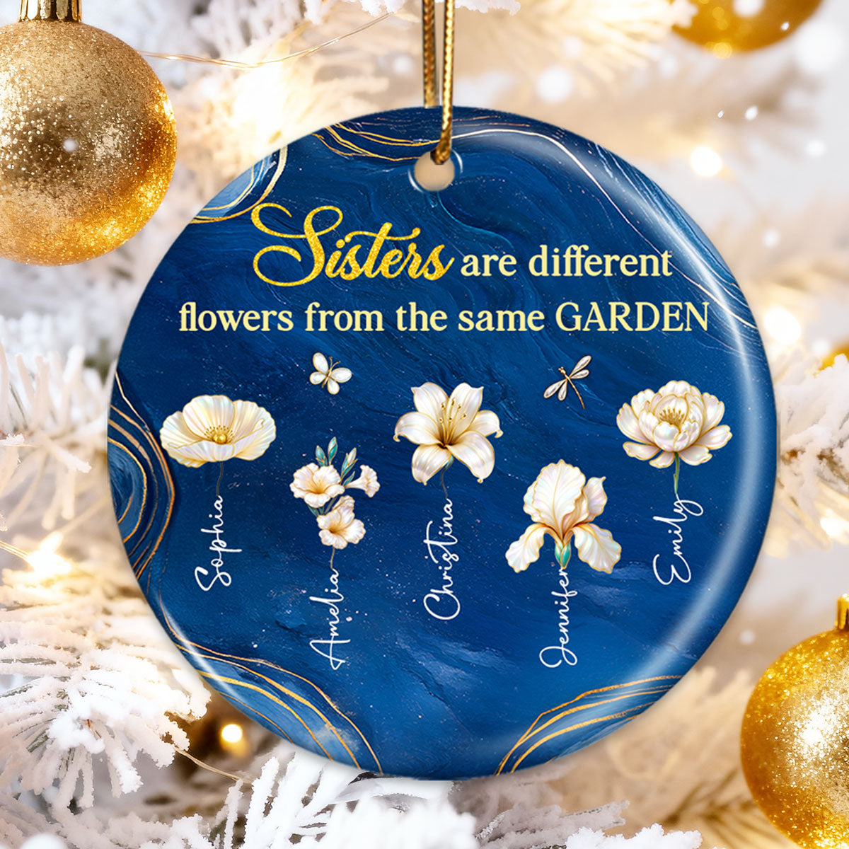 3D Effect Birth Flowers Sisters From The Same Garden - Personalized Ceramic Ornament - Christmas Gift For Sisters