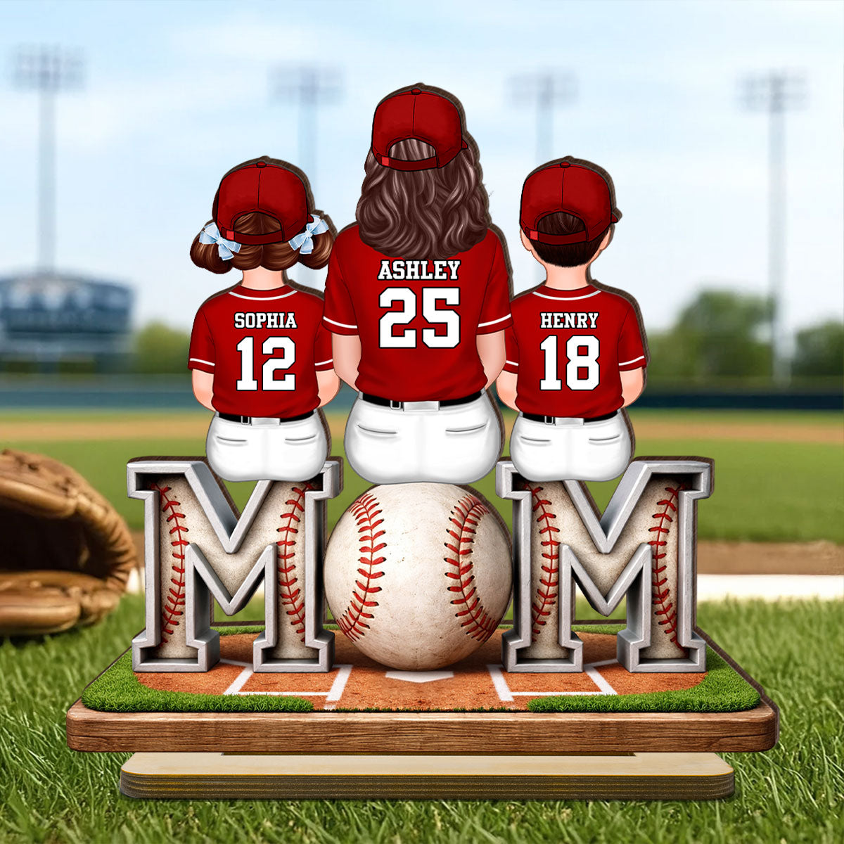 Baseball Mom And Kids Sitting - Personalized 2-Layered Wooden Plaque - Gift For Baseball Mom