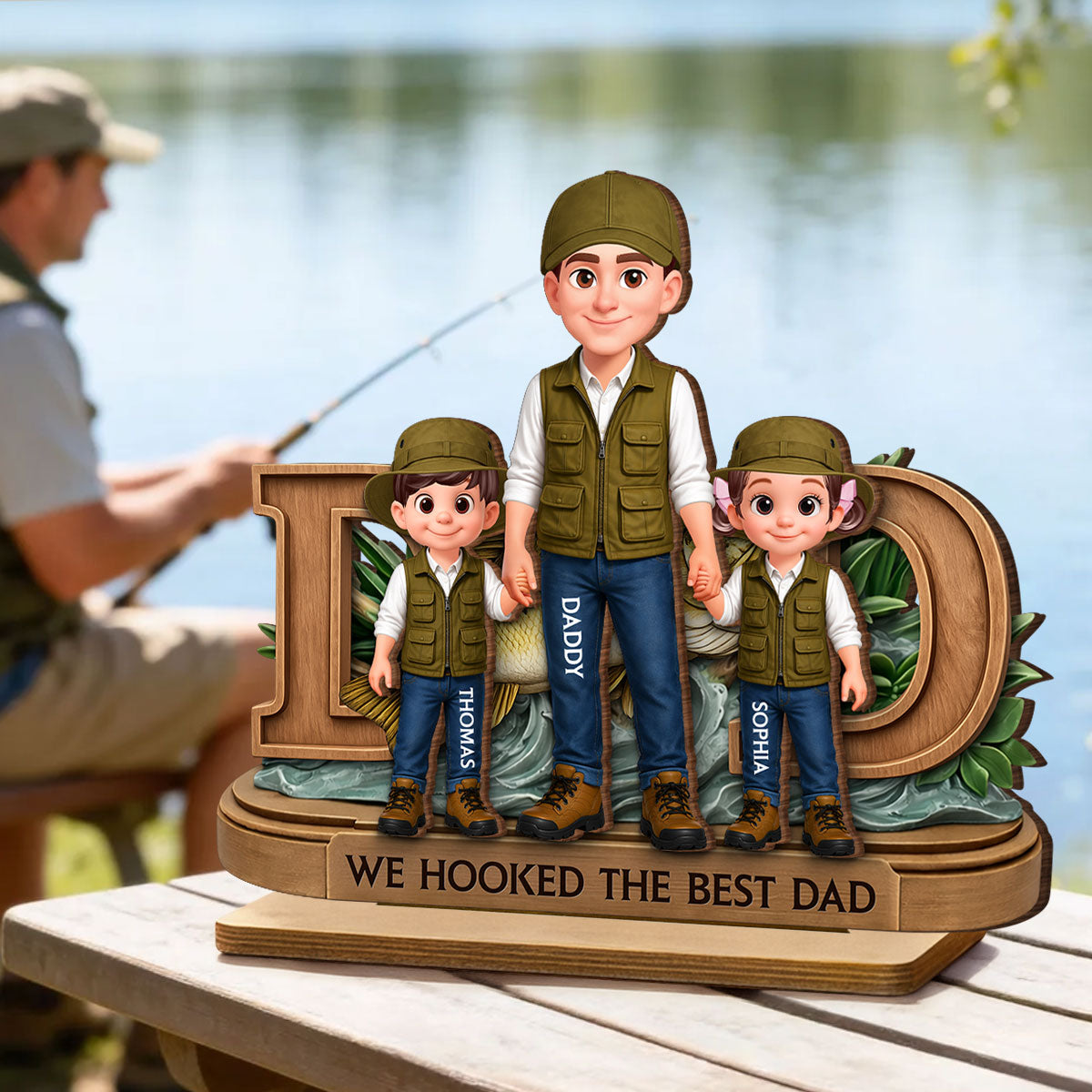 We Hooked The Best Dad Fishing - Personalized 2-Layered Wooden Plaque - Heartfelt Gift For Fishing Dad, Gift For Husband
