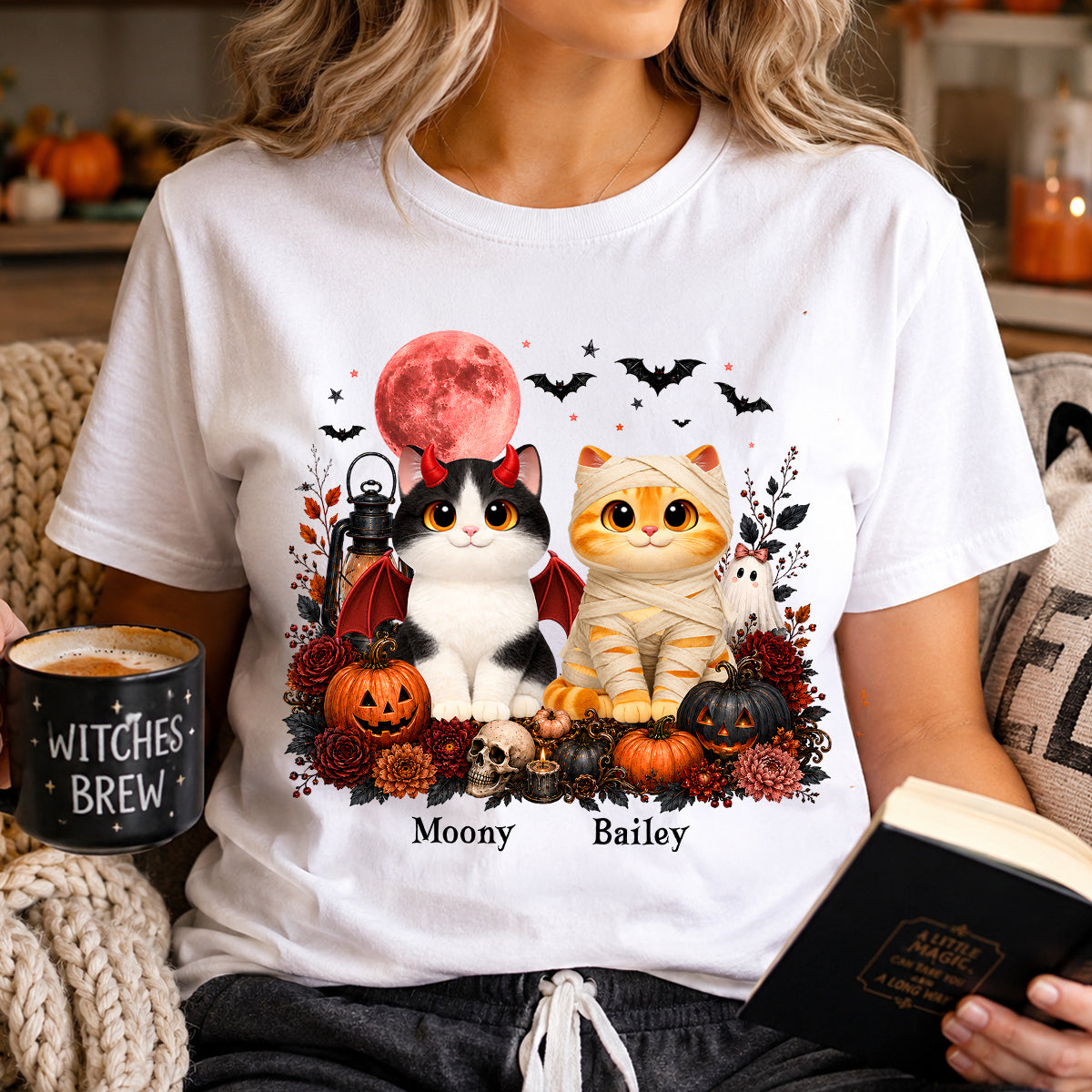 Halloween Floral Pumpkin Cats - Personalized Shirt - Trendy Fall Halloween Tee for Cat Lovers