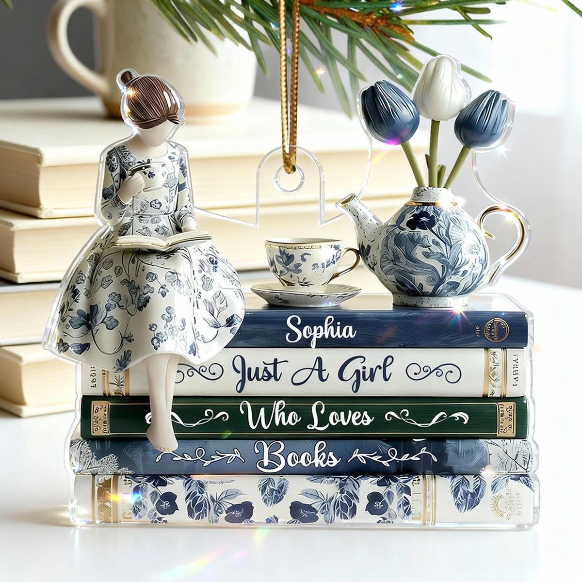 3D Effect Timeless Vintage Toile De Jouy Chinoiserie Pattern Girl Woman Reading Book - Personalized Acrylic Ornament - Gift For Book Lovers
