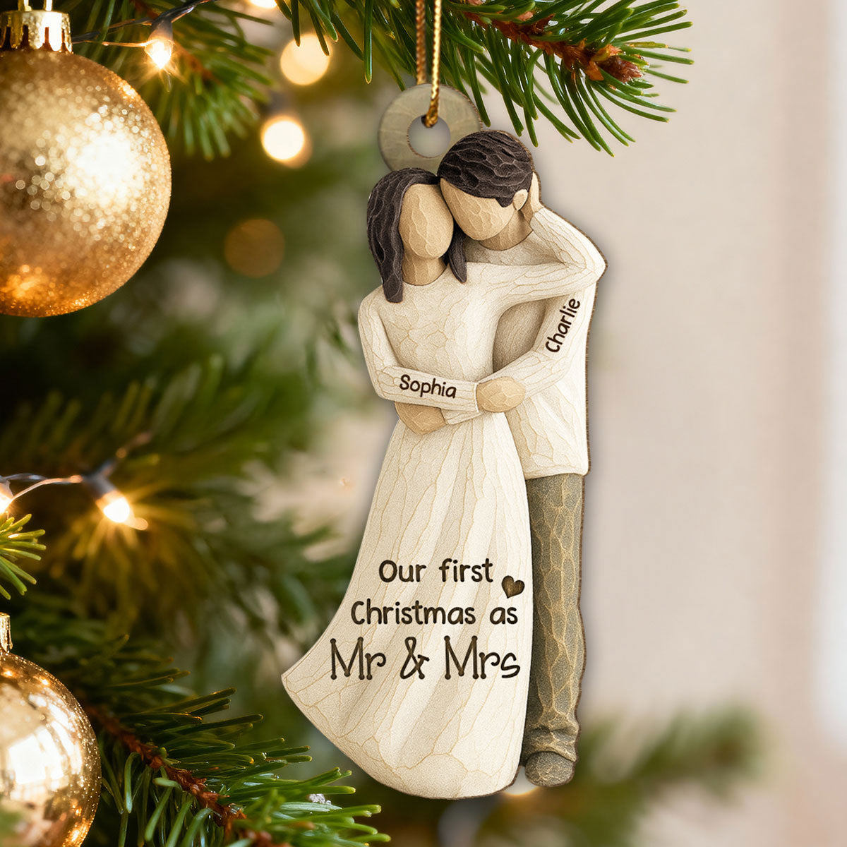 3D Effect First Christmas As Mr. & Mrs. - Personalized Wooden Ornament - Newlyweds Couple Gift