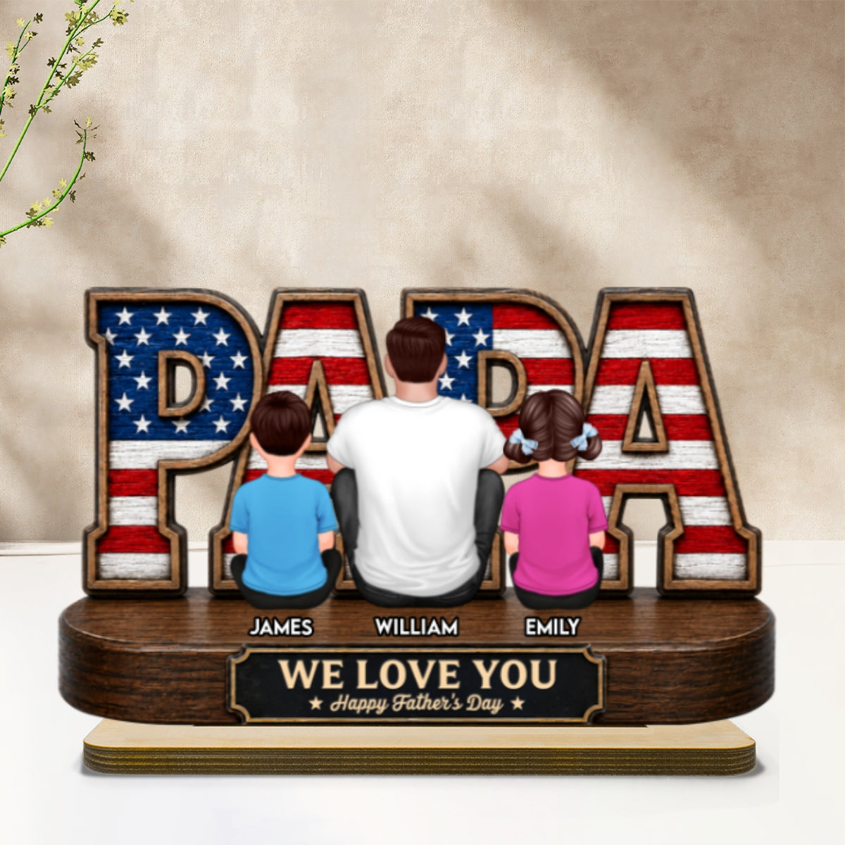 Proud Papa Grandpa Nation Flag Grandpa Dad And Kids - Personalized 2-Layered Wooden Plaque -  Gift For Dad, Husband