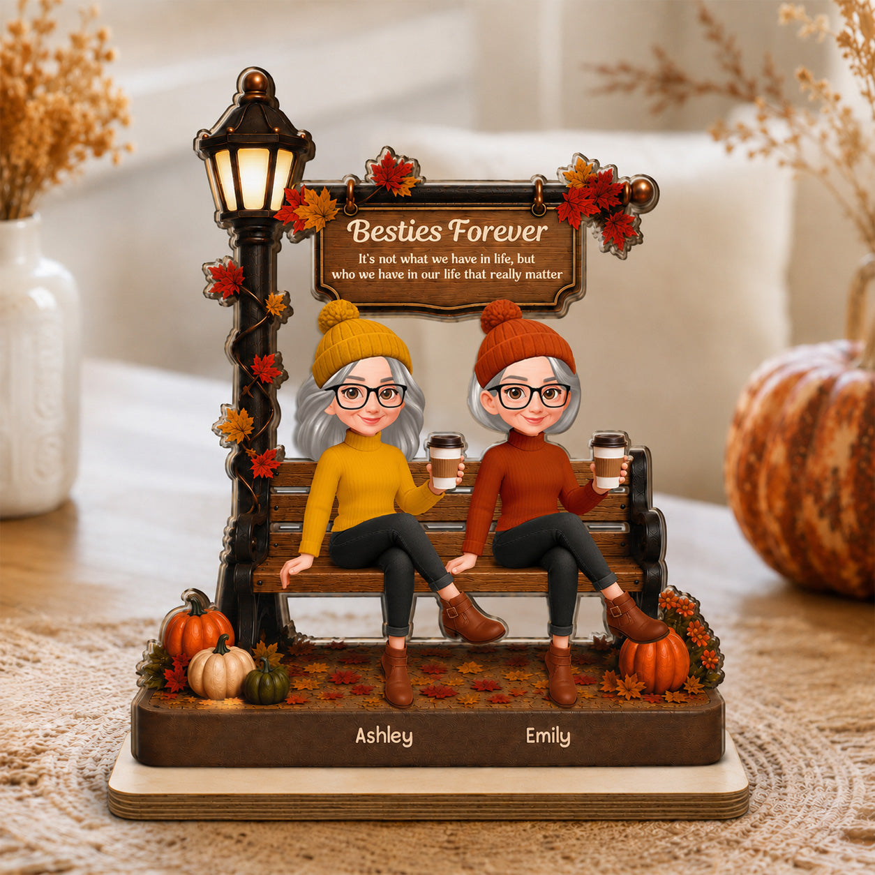 Fall Season Besties Sitting Under Lamp Post - Personalized Wooden Plaque