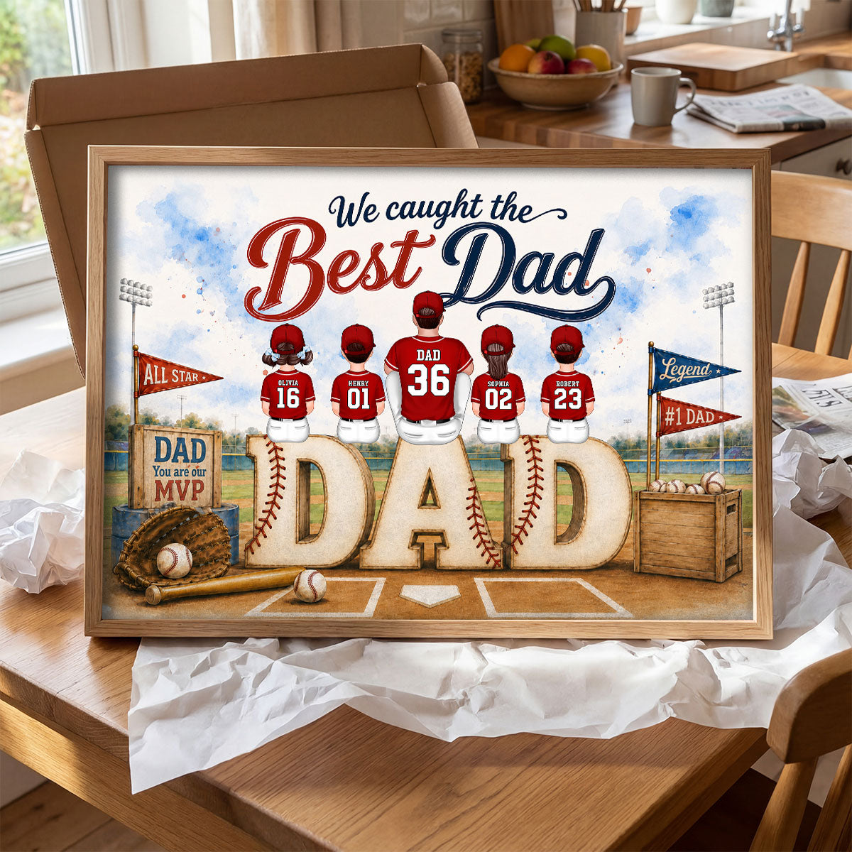 Watercolor Style Baseball Family Daddy's Dream Team - Personalized Poster - Father's Day Gift For Dad, Husband
