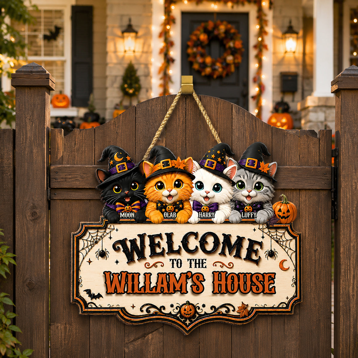 Welcome To Cat House Halloween - Personalized Door Sign - Halloween Decor Gift, Gift For Cat Lovers