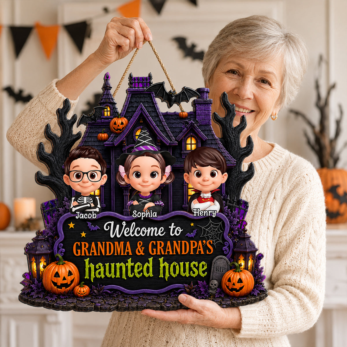 Halloween Vibe Welcome to Grandma Grandpa's House - Personalized Door Hanger Sign - Halloween Decor