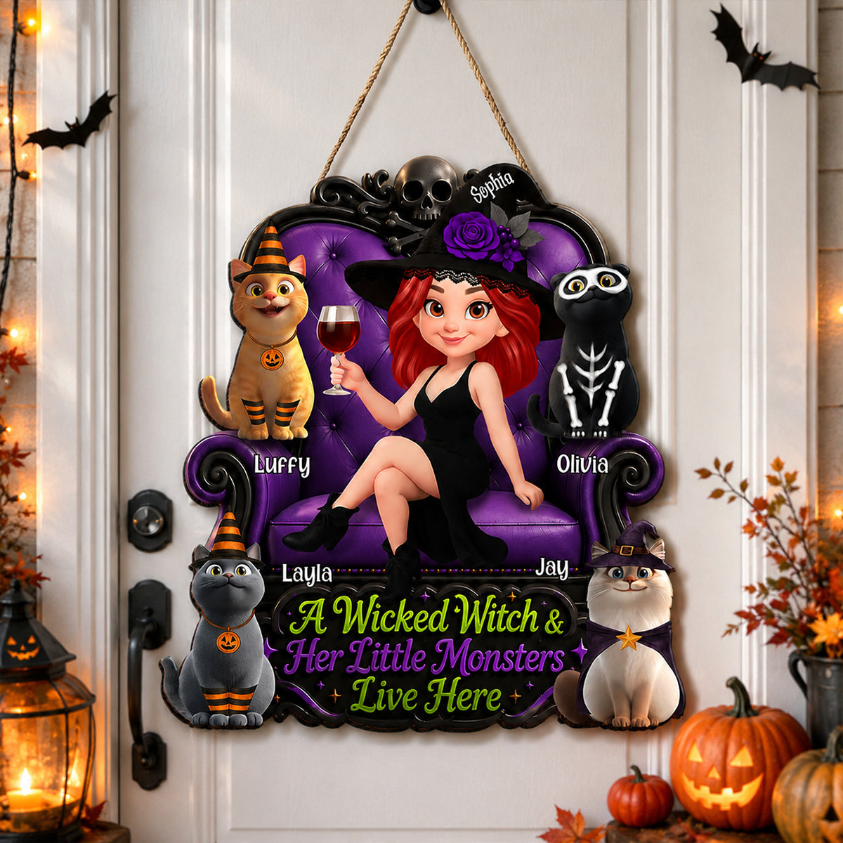 A Wicked Witch and Her Little Monsters Live Here - Personalized Wooden Door Sign - Halloween Decor for Cat Moms